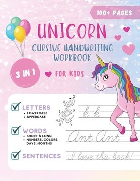 portada Unicorn Cursive Handwriting Workbook for Kids: Cursive Handwriting Practice Book for Kids Grade 1-5 3 in 1 Learning Cursive Handwriting Workbook for G