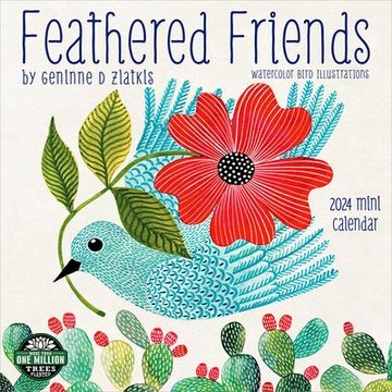 portada Feathered Friends 2024 Mini Wall Calendar: Watercolor Bird Illustrations by Geninne Zlatkis | Compact 7" x 14" Open | Amber Lotus Publishing (en Inglés)