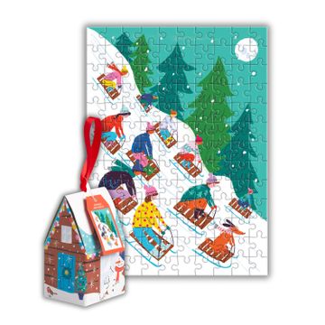 portada Galison Winter Sledding – 130 Piece House Shaped Puzzle Ornament Featuring Alpine Themed House and Winter Sledding Scene