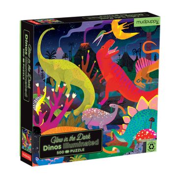 portada Dinosaurs Illuminated 500 Piece Glow in the Dark Family Puzzle From Mudpuppy - 20" x 20" Glow in the Dark Puzzle, Perfect Family Activity, Ages 8+