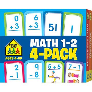 portada School Zone - Math 1-2 4-Pack Flash Cards - Ages 4+, 1st Grade, 2nd Grade, Addition 0-12, Subtraction 0-12, Numbers 1-100, Math war Addition & Subtraction, Numerical Order, Counting, and More (in English)