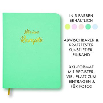 portada Meine Rezepte Mintgrün: Großes Rezeptbuch zum Selberschreiben in Grün im Leder-Look mit Register und Platz für Fotos, Liniert (en Alemán)
