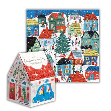 portada Galison Christmas in the Village – 500 Piece Unique House Shaped Puzzle With Bright and Bold Artwork of Merry Christmas Village Scenery for Adults and Families