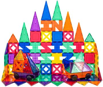 PicassoTiles™ Set de construccion 82 Piezas + 2 Automoviles de Imanes (magnéticos, 3D), color transparente Educativo, inspirador, convencional, recreativo
