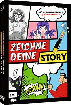 portada Zeichne Deine Story? Blanko Comics: Zwei Bücher im Bundle: 160 Seiten mit Frames und Sprechblasen zum Selbstausfüllen, Kompakten Grundlagen und den Besten Zeichentipps für Manga- und Comic-Fans (en Alemán)