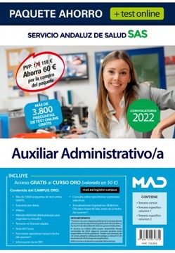 portada Paquete Ahorro + Test Online Auxiliar Administrativo/A Servicio Andaluz de Salud (Sas)                                  Incluye en Papel: Temario Comun; Temario Especifico 1 y 2; Y     Acces