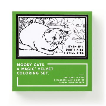 portada Brass Monkey Moody Cats - Velvet Coloring set With 12 Humorous cat Illustrations and 8 Quality Brush tip Markers