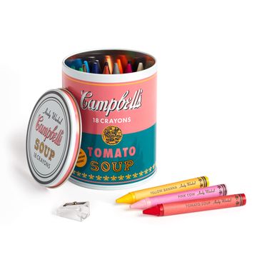 portada Mudpuppy Andy Warhol Soup can – Extra Thick Crayons With Warhol Inspired Colors and Sharpener set in Soup can Shaped tin