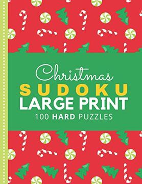 portada Christmas Sudoku Large Print: Red Green Candy Cane Peppermint Theme / 100 Hard Puzzles With Solutions / 9x9 Grid / 1 Grid Per Page / Christmas Gift