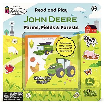 portada John Deere Kids: Farms, Fields & Forests Colorforms Read and Play Board Book, Reusable Sticker Activity Book Clings for Kids (en Inglés)