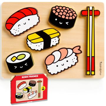 portada Mudpuppy Sushi Friends - Wooden Tray Puzzle With 6 Delicious Sushi Shaped Pieces and Plywood Tray for Babies and Toddlers