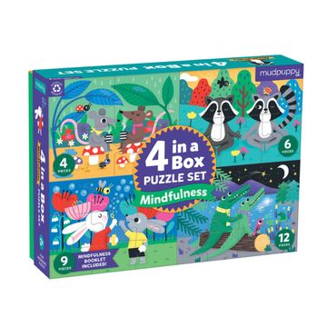 portada Mudpuppy Mindfulness 4-In-A-Box Puzzle set – Includes 4 Progressive Jigsaw Puzzles for Kids With 4-12 Pieces – Features Colorful Animal Illustrations, for Ages 2-5 – Each Puzzle Measures 6” x 8”